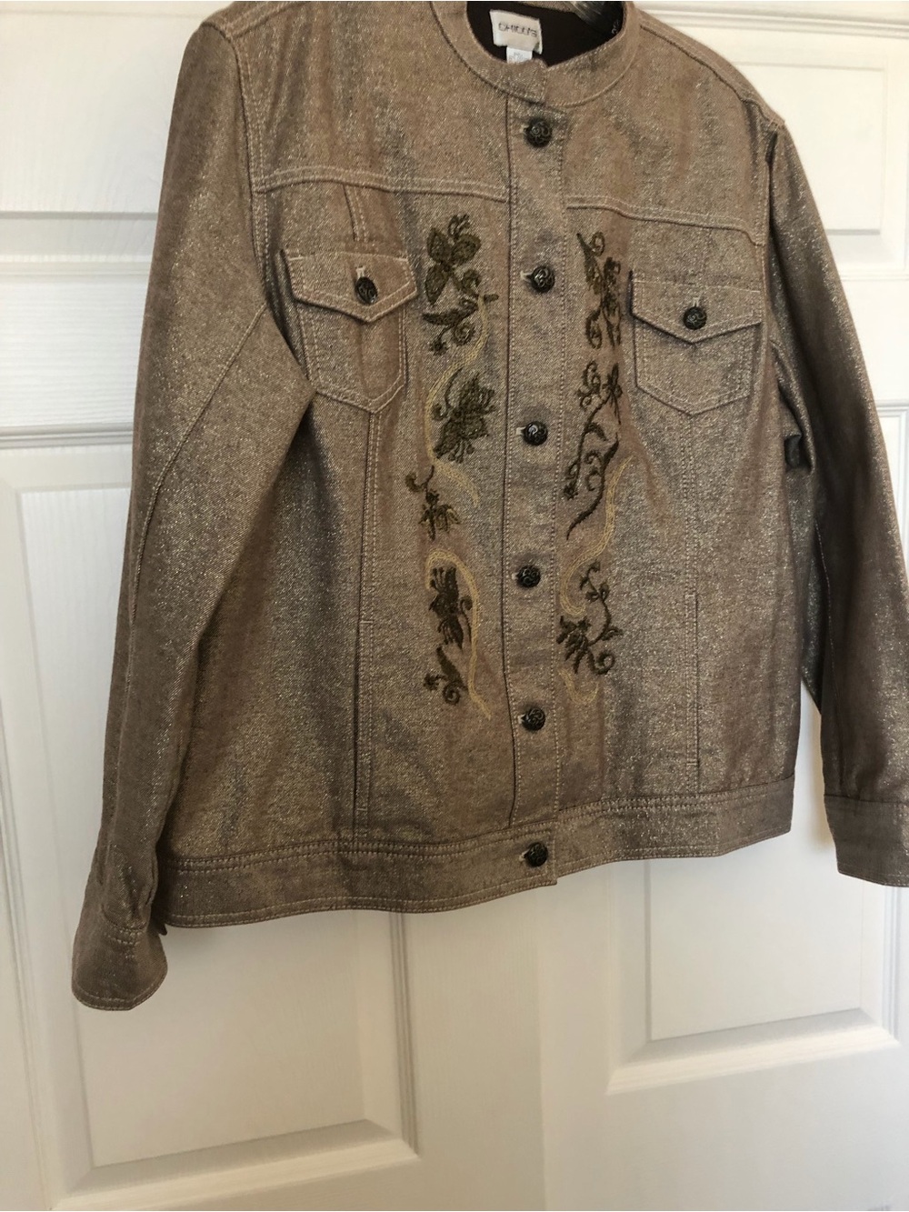 Chico's Metallic Taupe Embroidered Jean Jacket